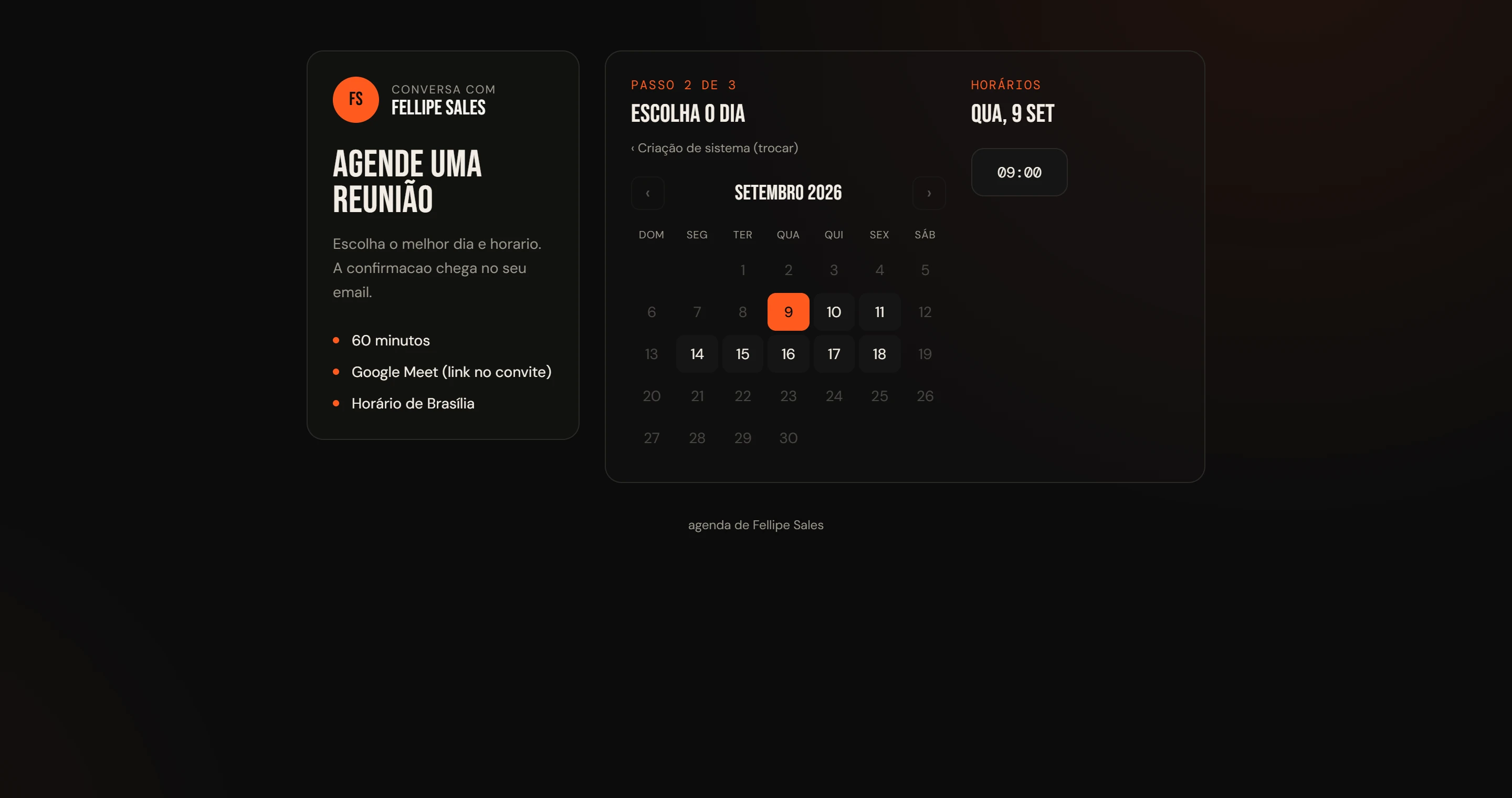 Calendário do mês com os dias disponíveis